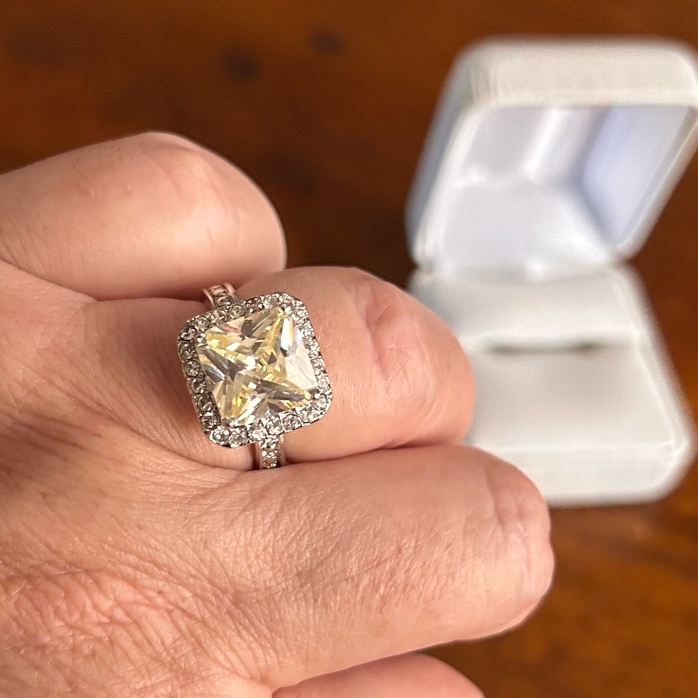 Large Cushion Cut Imitation Fancy Champagne Diamond Ring with Pave Halo, Sz 8